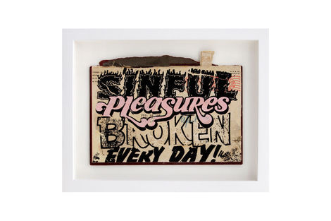 <p>Pleausres Broken BC:NYC
Paper Collage, Silkscreen Ink on Book Cover, Framed 11.5 x 9 Inches (frame size) Original</p>