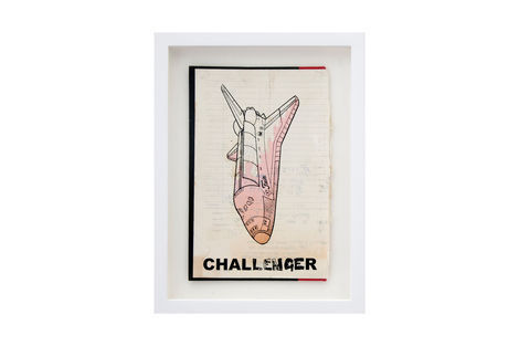 <p>Challenger BC:NYC
Paper Collage, Silkscreen Ink on Book Cover, Framed 9.25 x 12.25 Inches (frame size) Original</p>
