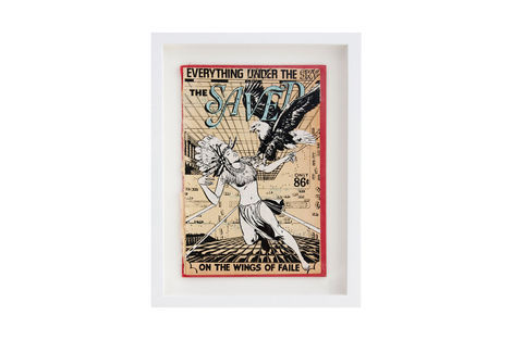 <p>Everything Under The Sky BC:NYC
Paper Collage, Silkscreen Ink on Book Cover, Framed 9.5 x 12.5 Inches (frame size) Original</p>