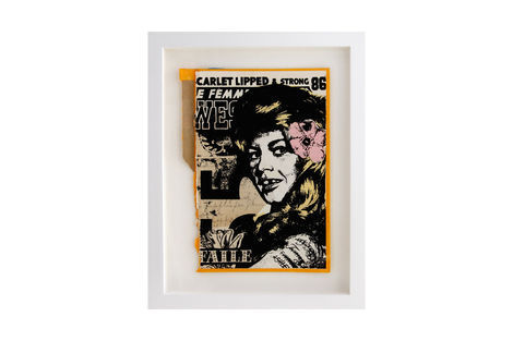 <p>Scarlet Lipped &amp; Strong BC:NYC
Paper Collage, Silkscreen Ink on Book Cover, Framed 8.75 x 11.5 Inches (frame size) Original</p>