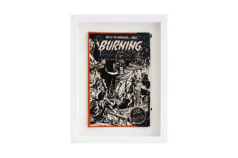 <p>Burning Bright BC:NYC
Paper Collage, Silkscreen Ink on Book Cover, Framed 8.5 x 11.5 Inches (frame size) Original</p>