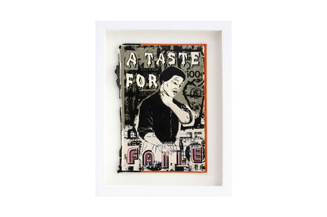 <p>A Taste For Faile BC:NYC
Paper Collage, Silkscreen Ink on Book Cover, Framed 8,75 x 11.5 Inches (frame size) Original</p>