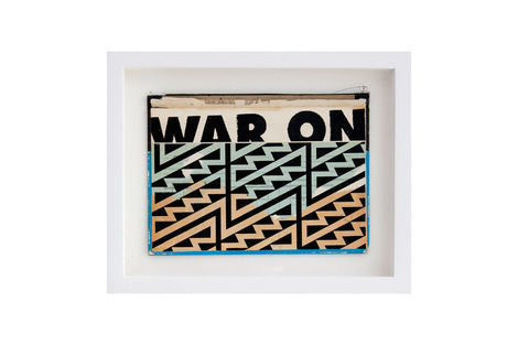 <p>War On Terror BC:NYC
Paper Collage, Silkscreen Ink on Book Cover, Framed 11 x 9 Inches (frame size) Original</p>