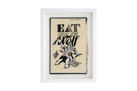 <p>Eat With The Wolf BC:NYC
Paper Collage, Silkscreen Ink on Book Cover, Framed 9 x 12.25 Inches (frame size) Original</p>