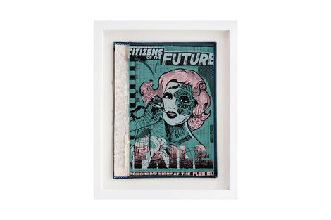 <p>Citizens of the Future BC:NYC
Paper Collage, Silkscreen Ink on Book Cover, Framed 10 x 12 Inches (frame size) Original</p>