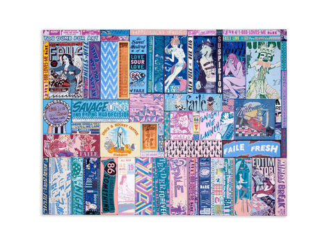 <p>888-Rendezvous<br/>
64.5 x 84.5 Inches<br/>
Acrylic, Silkscreen Ink, Fabric and Copper on Wood in Steel Frame<br/>
Faile 2012</p>