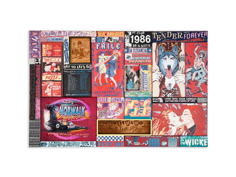 <p>LA Elegancia<br/>
43 x 65 Inches<br/>
Acrylic, Silkscreen Ink, Fabric and Copper on Wood in Steel Frame<br/>
Faile 2012</p>