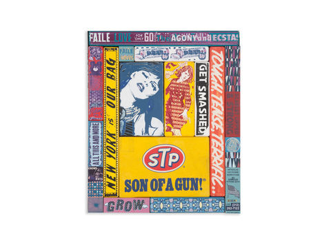 <p>Son Of A Gun!<br/>
20.25 x 24.25 Inches.<br/>
Acrylic, Silkscreen Ink, Fabric on Wood, Steel Frame<br/>
Faile, 2012</p>