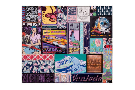 <p>Memphis Courage
Acrylic, Silkscreen Ink, Copper and Fabric on Wood, Steel Frame
Dimensions: 49in x 57in x 3in
Signed, Faile 2013</p>