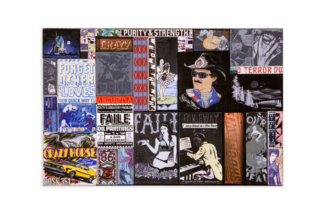 <p>Forget Other Loves
Acrylic, Silkscreen Ink, Copper and Fabric on Wood, Steel Frame
Dimensions: 43in x 65in x 3in
Signed, Faile 2013</p>