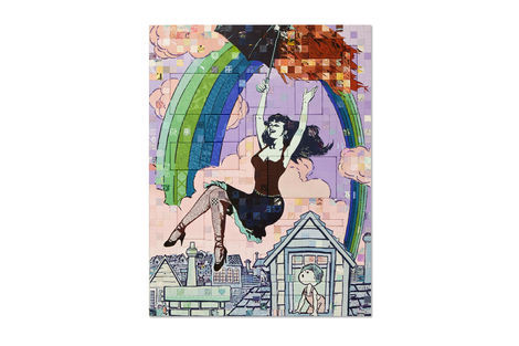 <p>Under the Rainbow
Acrylic and Silkscreen Ink on Wood, Steel Frame<br/>
Dimensions: 65in x 85in x 3in<br/>
Signed, Faile 2013</p>