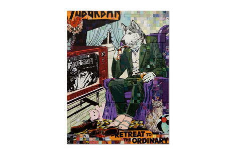 <p>All Night Retreat
Acrylic and Silkscreen Ink on Wood, Steel Frame<br/>
Dimensions: 65in x 85in x 3in<br/>
Signed, Faile 2013</p>