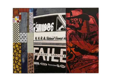 <p>86 National Record<br/>
Acrylic, Silkscreen Ink, Spraypaint,   Vintage Fabric on Wood/Carved   Wood, Steel Frame<br/>
64.5 x 84.5 x 03 Inches<br/>
2014</p>