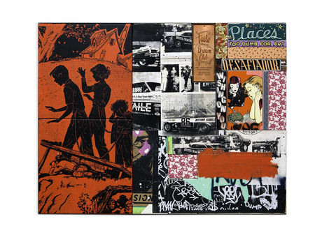 <p>Places For Art<br/>
Acrylic, Silkscreen Ink, Spraypaint,   Vintage Fabric, Paper and Copper on     Wood/Carved Wood, Steel Frame<br/>
48.5 x 48.5 x 03 Inches<br/>
2014</p>